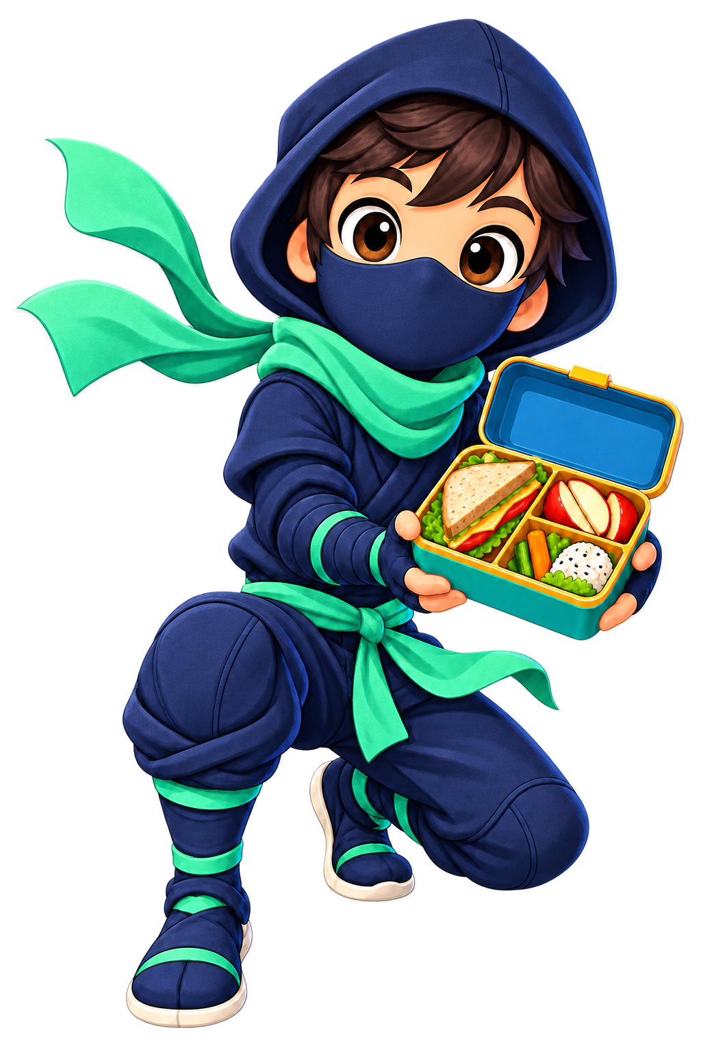 Friendly ninja holding a school lunch box